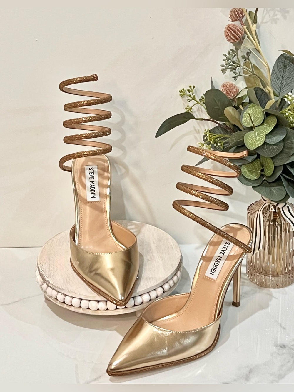 Steve Madden Metallic Gold Spiral-Ankle Pointed Stiletto